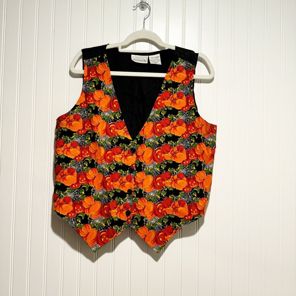 Vintage Basic Edition Halloween Vest Waistcoat Pumpkins Spider Webs Size Large